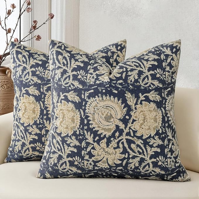 Vintage Floral Print Throw Pillow Covers 18x18 Set of 2 Neutral Modern Farmhouse Pillow Cases Accent Decorative Cushion Covers Boho Home Decor for Couch Sofa Chair Bed Living Room, Navy