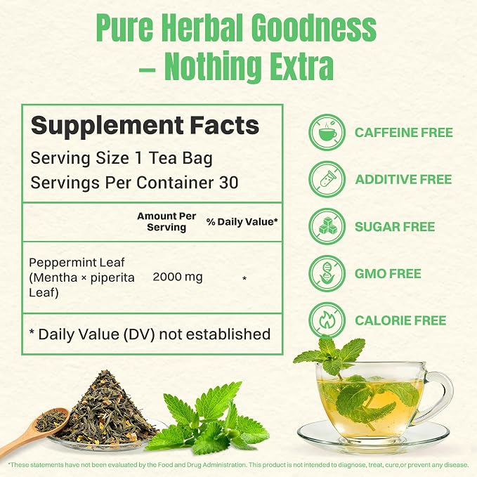 Hiihone Peppermint Tea Bags 30 Count – Pure Peppermint Mint Tea, Caffeine-Free Herbal Tea, Cooling & Refreshing, Non-GMO, Soothing, Supports Digestion & Fresh Breath, Hot or Iced