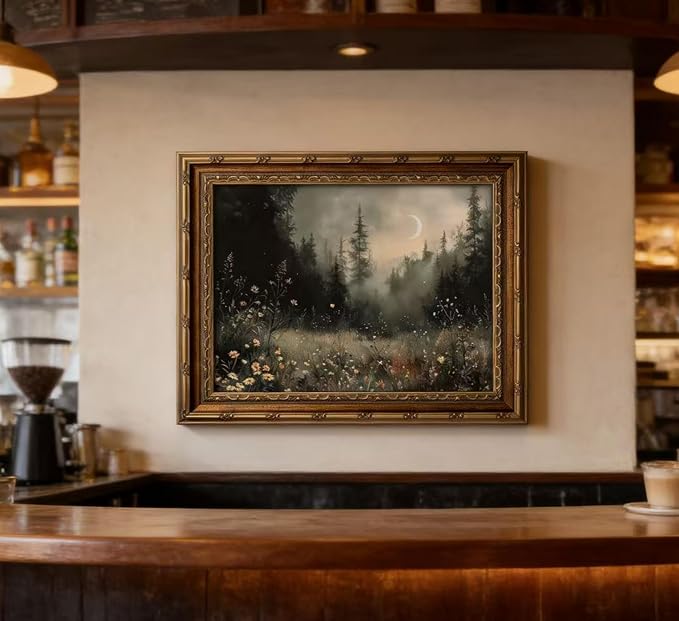 Vintage Gold Framed Moonlit Forest Wall Art Crescent Moon Forest Wildflower Gothic Canvas Print Dark Moody Moon Botanical Flowers Wall Decor Rustic Nature Night Landscape Poster Artwork for Offices