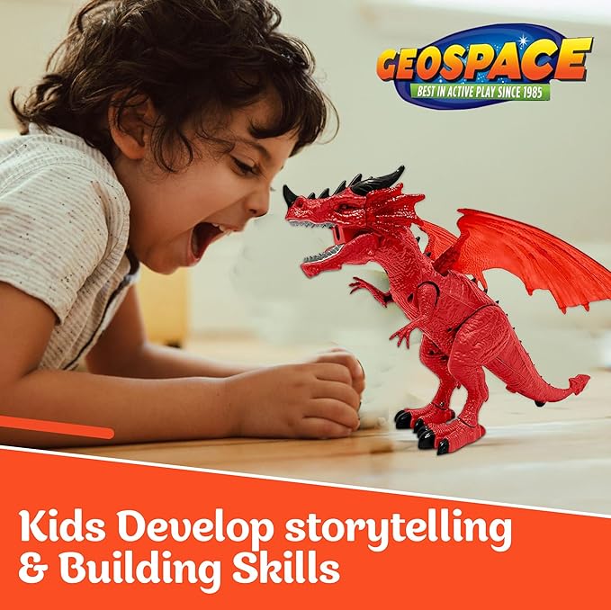 Geospace New Dragon Walking Dinosaur Toy – Smoke Breathing Fire Dragon Toy for Kids 3 & up, Walking Dinosaur Toys with Lights, Roaring Sound, Dragons Action Figure, Dragons for Gift (Firestorm)