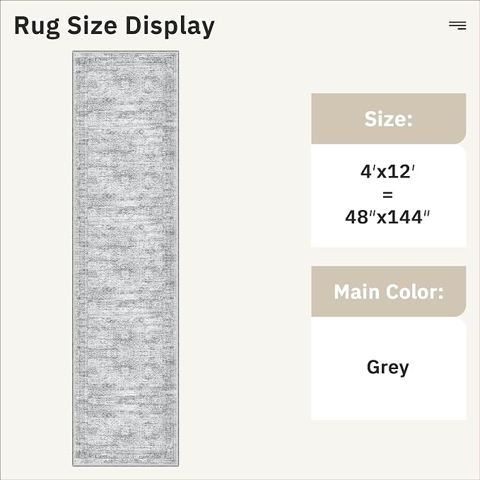 Soalmost Washable Hallway Runner Rug 4x12 Kitchen Entry Rugs Non-Slip, Grey | Vintage Wide Runners for Living Dining Room Entryway, Stain Resistant Low-Pile Long Floor Carpet 12ft for Nursery Bedroom