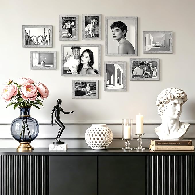 upsimples 10 Pack Picture Frames Collage Wall Decor for Mounting or Tabletop Display, Photo Gallery Frame Set for Family, Multi Sizes Including 8x10, 5x7, 4x6, Gray | Multi Picture Frames Collage Wall Decor, Gallery Wall Frame Set, Gift For Christmas, ...