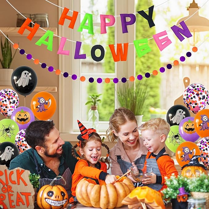 Pre-Strung 3D Felt Happy Halloween Banner - Reusable Happy Halloween Decoration Sign,Orange Purple Black Felt Ball Garland, Pom Pom Garland, Horror Party Decorations, Photo Prop
