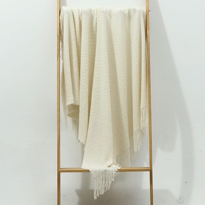 CREVENT Lightweight Knit Throw Blanket for Couch Sofa Chair - Soft and Decorative for Spring Summer Fall (50''X60'' Ivory/Off White)