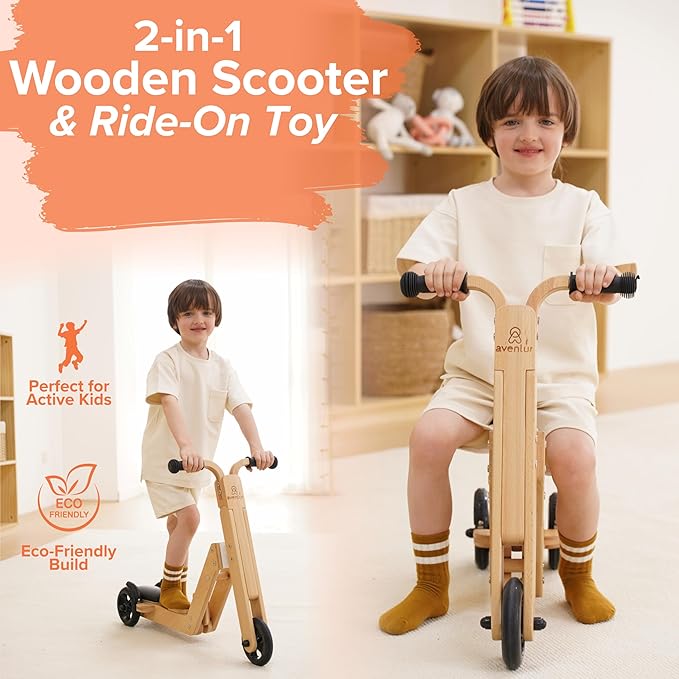 Avenlur Juneberry 2-in-1 Wooden Scooter & Ride-On Toy – Toddler Balance Bike & Scoot Toy for 2yr–5yr | Hape Scoot Bike Style, Best Gift for Boys & Girls Age-Appropriate Toys | Indoor Ride-On