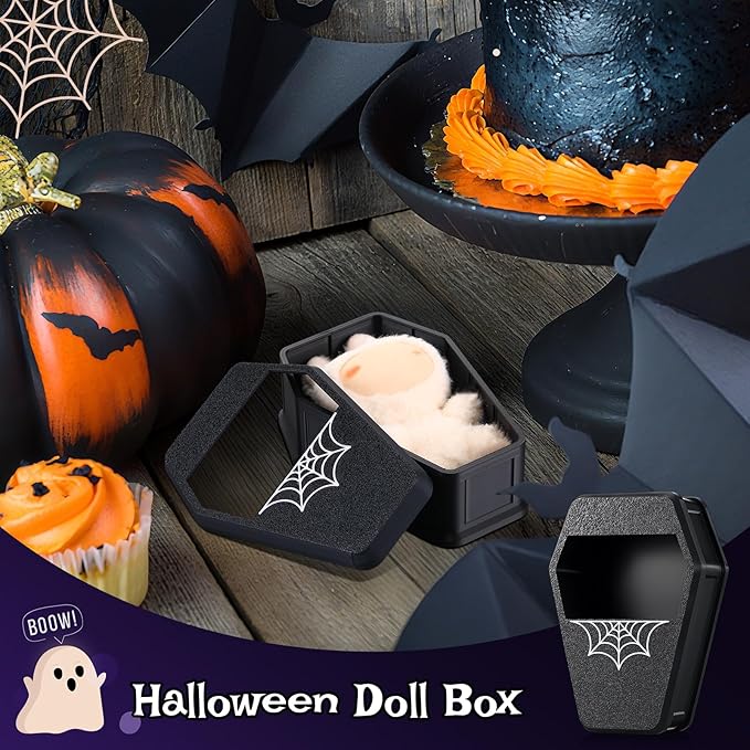 Halloween Doll Display Box Halloween 17cm Doll Accessories Coffin Case with Lid for 17cm Dolls Holiday Dress Outfit Goth Black Display Organizer Gifts for DIY Dress-up Lovers & Collectors