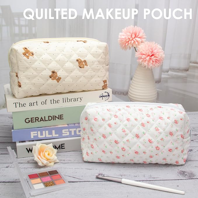 PAZIMIIK Small Quilted Makeup Bag,Zipper Cosmetic Pouch,Gauze Rose,2 Pack | Lightweight Cosmetic Bag Organizer for Women,Purse Storage Holds Makeup,Toiletries,Skincare,Beauty Essentials,Travel Items