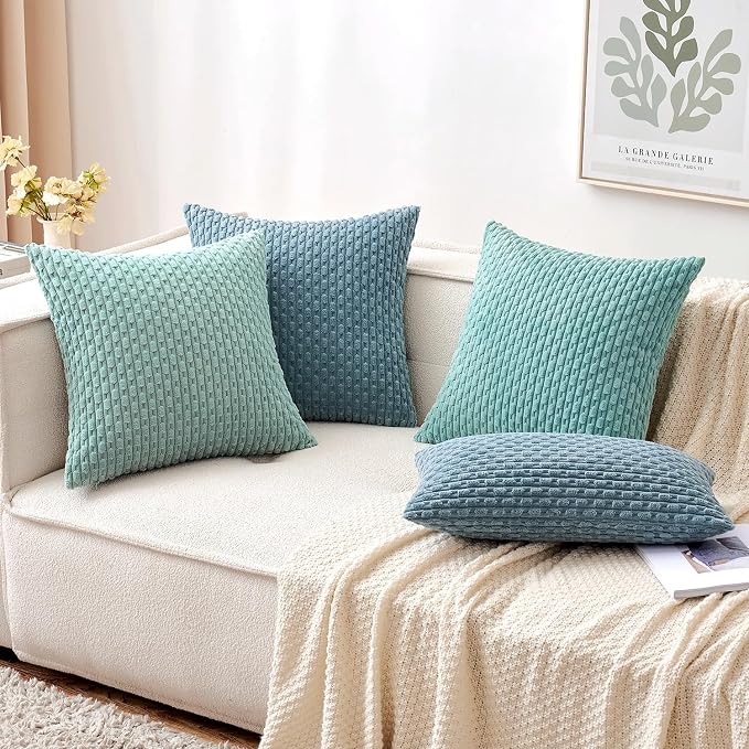 MIULEE Decorative Throw Pillow Covers 16x16 Blue Grey Textured Corduroy | Pack of 2 Striped Pillow Covers Modern Farmhouse Coastal Home Decor for Couch Bed Sofa Living Room
