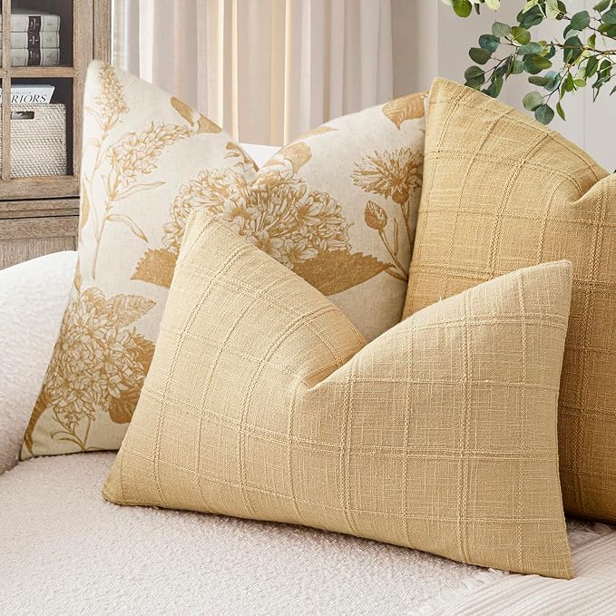 Foindtower Set of 2 Decorative Linen Check Throw Pillow Covers Neutral Farmhouse Lumbar Cushion Covers Modern Boho Accent Home Decor for Sofa Chair Couch Bedroom Living Room,12×20 Inch,Light Yellow