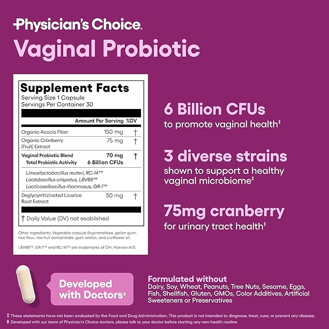 Physician's CHOICE Vaginal Probiotics for Women - pH Balance, Odor Control, Yeast Balance, Vaginal Flora & Feminine Health - 6B CFU with Organic Prebiotics and Cranberry Extract - 30 CT (Pack of 2)