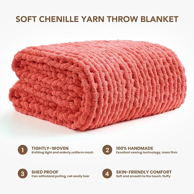 L'AGRATY Chunky Knit Throw Blanket for Couch, 50 x 60 Inches, Coral Pink | Handmade Chenille Crochet Blanket for Sofa Bed, Thick Cable Knitted Blankets for Room Home Decor, Birthday Gift for Women Mom