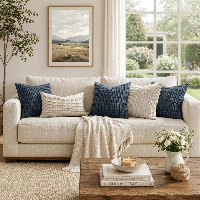MIULEE Corduroy Decorative Throw Pillow Covers 18x18 Blue Pack of 2 | Soft Boho Striped Pillow Covers Modern Farmhouse Coastal Home Decor For Sofa Living Room Couch Bed