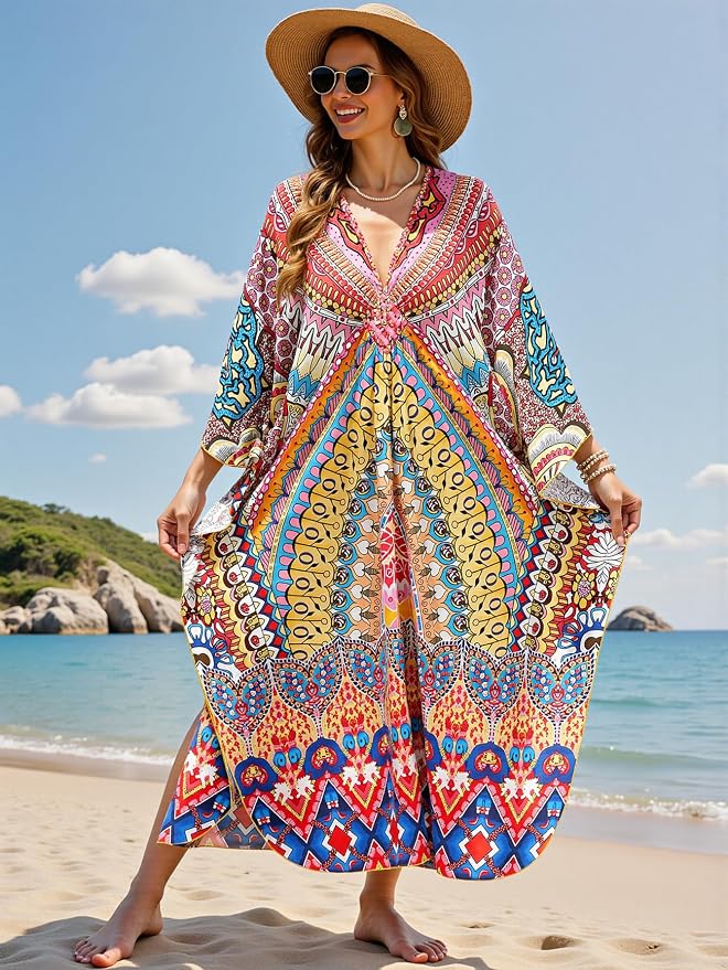 Mumu Dresses for Women Plus Size, Bohemian Kaftan Beach Cover Up Long Maxi Nightgown Soft Loungewear