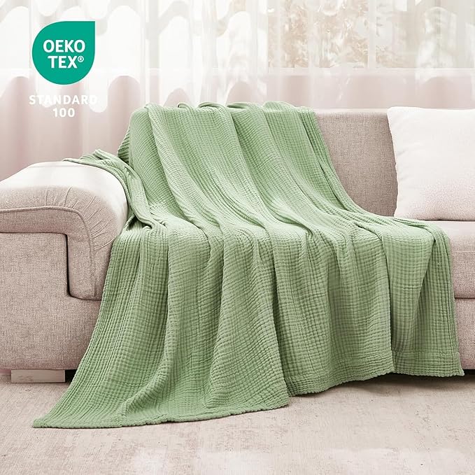 EMME Muslin Blankets for Adults Throw Blanket for Couch Breathable Gauze Soft Lightweight Airy Sage Green Twin XL 66" x 90"