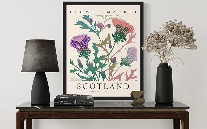 Scotland, Thristle Art Print Poster, Flower Market Wall Art, Floral Artwork Decor for Bedroom, Kitchen, Bathroom, Livingroom Decoration 52 (Scotland, Thristle, 14"L x 11"W, Black Frame)