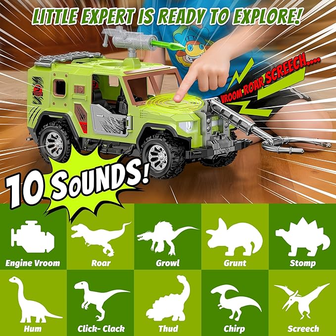 EKU Dinosaur Truck with 10 Sounds, Launcher, Wide-Mouth Fork, Human, Heads Moves Attack Brachiosaurus Figure, Push and Go Adventure Vehicle for Jurassic World Toys Pretend Play Gifts for Kids 3+