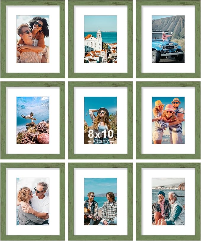 Vittanly 8x10 Picture Frames Set of 9, Wall & Tabletop, Rustic Green | Display Pictures 5x7 with Mat or 8x10 without Mat, Small Photo Frames, Engineered Wood with Shatter Resistant Plexiglass