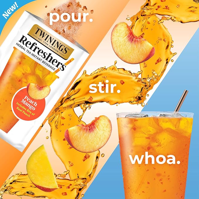 Twinings Peach Mango Refreshers, Herbal Tea Instant Beverage with Real Peach Fruit Bits, 5 Count (Pack of 1), Café Style, No Artificial Sweeteners, Naturally Caffeine-Free Refreshment, 5 Packets