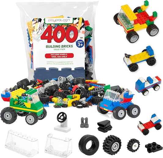 Play Platoon 400 Piece Wheels and Axles Sets, Building Bricks Car Parts & Pieces Kit - Car Building Set with Wheels, Axles & Windshields and Bonus Bricks