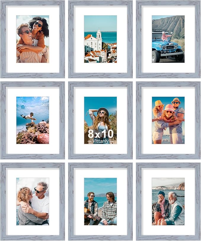Vittanly 8x10 Picture Frames Set of 9, Wall & Tabletop, Vintage Blue-Gray | Display Pictures 5x7 with Mat or 8x10 without Mat, Small Photo Frames, Engineered Wood with Shatter Resistant Plexiglass