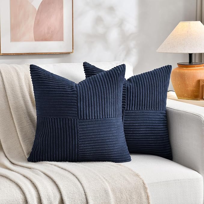 Fancy Homi 2 Packs Navy Blue Decorative Throw Pillow Covers 18x18 Inch for Living Room Couch Bed, Rustic Farmhouse Boho Home Decor, Soft Corss Corduroy Patchwork Textured Square Cushion Case 45x45 cm