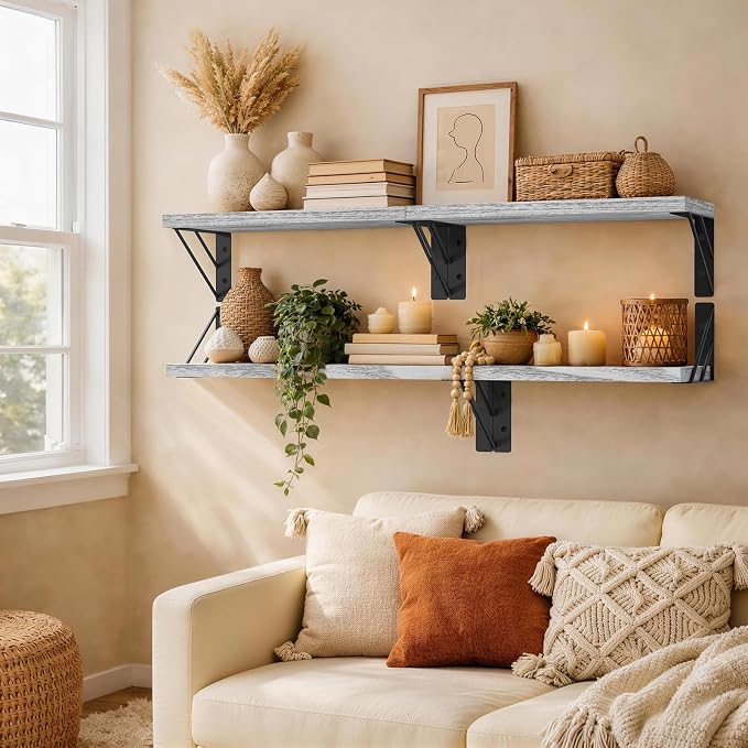 BAYKA Wall Shelves for Bedroom Decor, Floating Shelves for Living Room Kitchen Storage, Wall Mounted Rustic Wood Floating Shelves for Kids Books, Corner Shelf for Bathroom(Gray White，Set of 4)