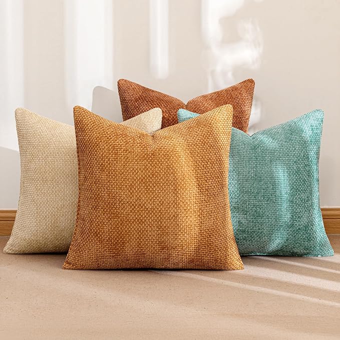MIULEE Soft Decorative Chenille Fall Pillow Covers Beige Orange Teal 18x18 | Pack of 4，Rustic Home Decor, Retro Vintage Set, Couch Throw Pillows, Farmhouse Boho Cushion Covers for Sofa Bed Living Room