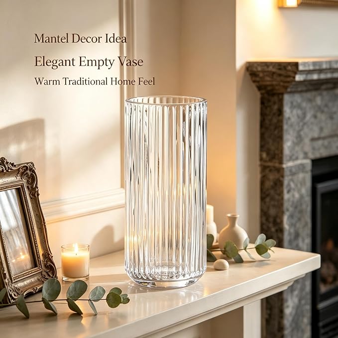 Clear Glass Flower Vase for Pampas Grass, 10 inch Medium Decorative Centerpiece Ribbed Vase for Dining Table, Office Desktop, Shelf Bookshelf, Mantel, Entryway, Bathroom, Countertop, Farmhouse, Gift
