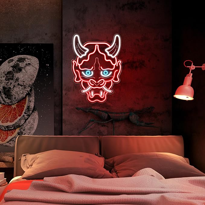 Kavaas Hannya Mask Neon Sign, Anime Japanese Neon Sign for Gamer Room Bar Tattoo Studio Decor | LED Oni Mask Neon Light for Bedroom Boys, Gaming Wall decor - Best Gamer Gifts for Teenage Boys, Christmas