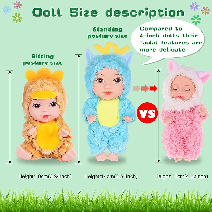 6 Pack 5 inch Baby Dolls-PVC Mini Figures with Cute Animal Outfits, Safe Toys for Kids, Collectible Display Stress Relief