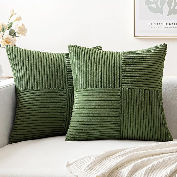 MIULEE Moss Green Decorative Throw Pillow Covers for Couch 20x20 Inch | 2 Pack, Boho Farmhouse Pillow Covers, Soft Cross Corduroy Patchwork Textured Cushion Cases For Bed Sofa