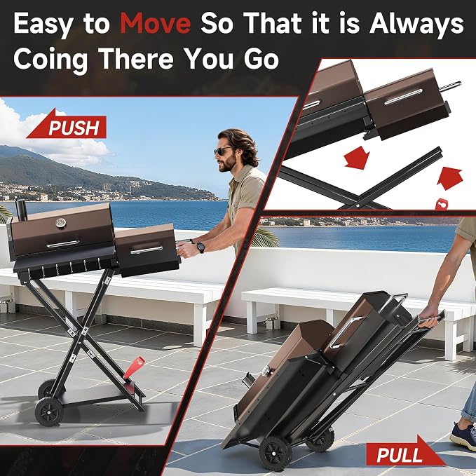 Portable Charcoal Grill with Smoking Function, Foldable Suitcase Design with Wheels, Multi-Tier Storage Rack & Waterproof Cover for Outdoor BBQ Parties (Khaki)