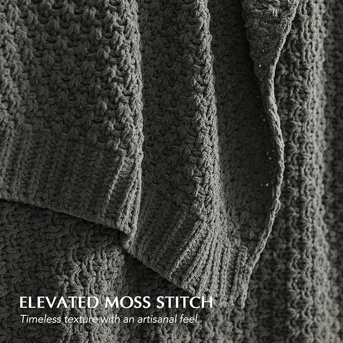 EVERGRACEHOME Chunky Chenille Knit Throw Blanket, 90 x 90, Charcoal Gray | Sculpted Moss Stitch, Chic Modern Farmhouse, All-Season Warmth, OEKO-TEX® Certified, Oversized Queen for Couch, Bed, Sofa