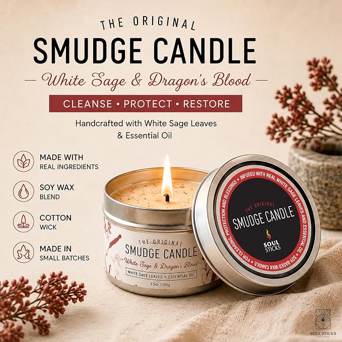 SOUL STICKS Smudge Candle for Cleansing House, Meditation, Chakra Healing, Aromatherapy | 3.5 Ounce Smudge Candle for Spiritual Cleansing (White Sage & Dragon's Blood)