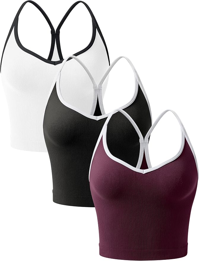 OLCHEE Womens 3PK Crop Tank Tops Seamless Ribbed Sweetheart Neck Racerback Spaghetti Straps Contrast Trim Workout Yoga Cami