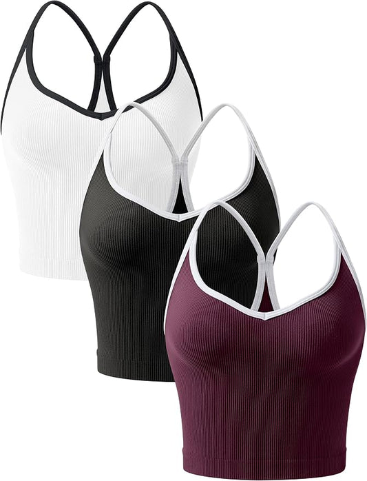 OLCHEE Womens 3PK Crop Tank Tops Seamless Ribbed Sweetheart Neck Racerback Spaghetti Straps Contrast Trim Workout Yoga Cami