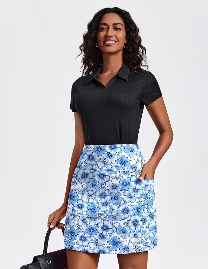 PINSPARK 19" Knee Length Skorts for Woman with Pockets UPF 50+ Golf Skirts | 4 Pockets, Built-in Shorts, High Waisted & Tummy Control, Moisture-wicking for Golf Athletic Tennis Workout Casual