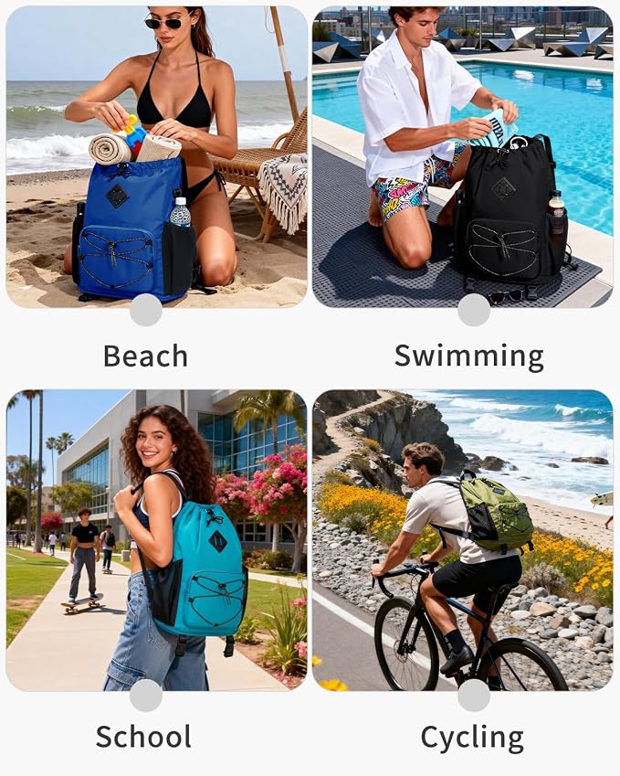 WANDF Drawstring Backpack with Removable Wet Pocket, Sandproof Beach Backpack with Bottom Compression Strap for Beach Mat, Swim Bag for Pool, Gym, Travel and Workout Gear (Navy Blue)