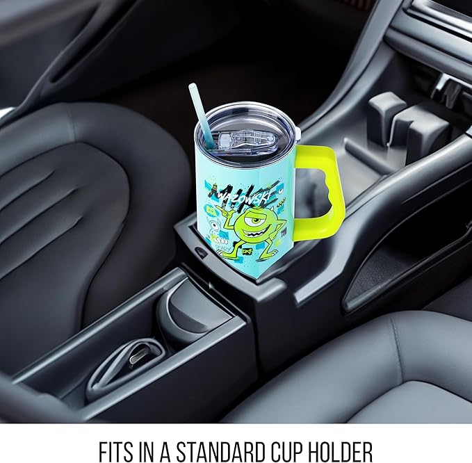Silver Buffalo Disney Pixar Monsters Inc. Double Walled Stainless Steel Tumbler with Handle Featuring Mike Wazowski, Fits in Standard Cup Holder, 40 Ounces