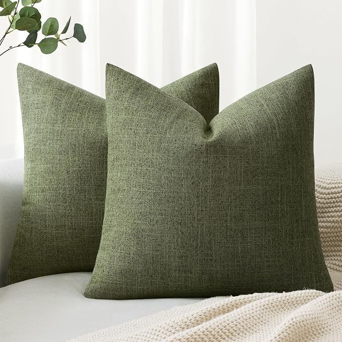 MIULEE Pack of 2 Decorative Linen Burlap Pillow Covers Spring Farmhouse Boho Accent Pillowcases for Sofa Car Couch Bedroom Living Room Decor 18x18 Inch Dark Olive Green