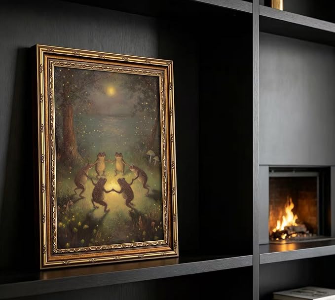 Vintage Gold Framed Frog Wall Art,Frogs Dancing in Moonlight Forest Painting Canvas Prints,Whimsical Animal Wall Decor,Retro Country Toad Poster Artwork,for Corridor Living room Bedroom Kitchen