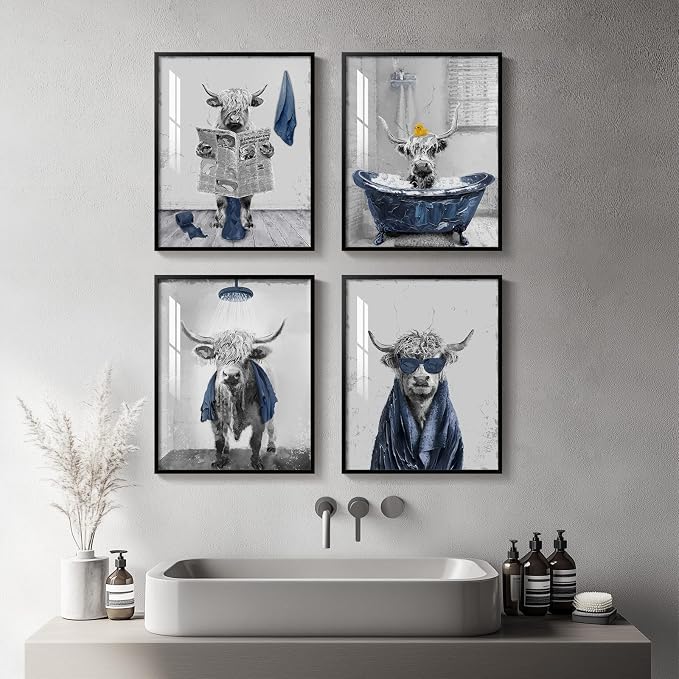 Framed Highland Cow Funny Animal Bathroom Wall Art, 4 Piece 11x14 In | Crystal porcelain coating, Waterproof prints, Navy blue and grey pictures, Wall decor for restroom toilet washroom