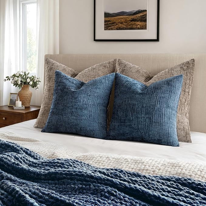 MIULEE Chenille Textured Throw Pillow Covers Blue Ashes 18x18 Set of 2 | Slubby Decorative Pillows, Boho Farmhouse Coastal Decor, Modern Neutral Cushion Covers for Couch Sofa Bed Living Room