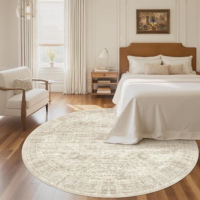 Soalmost 6x6 Beige Round Rug 6ft Circle Living Room Area Rugs Non-Slip | Washable Vintage Indoor Carpet for Dining Bedroom, Low Pile Stain Resistant Foldable Floor Mat Entryway Home Office Decor