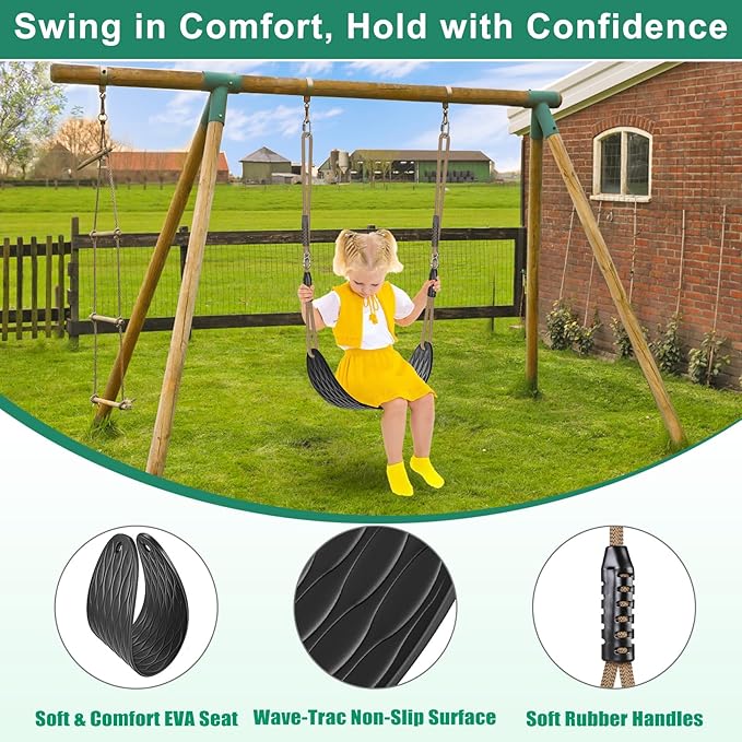 SELEWARE Heavy Duty Swing Seat Replacement for Kids, 2-Pack Outdoor Swing Set Accessories with Adjustable Ropes & Snap Hooks, Plastic Playground Swing for Backyard, Tree, Indoor Play (Black)
