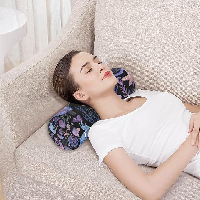 Seahorses Starfish Shells Purple Neck Roll Pillow Bolster Round Health Memory Foam Long Cervical Cylinder Pillows with Removable Washable Cover for Body Bed Legs Back Yoga