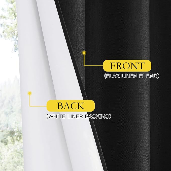 NICETOWN Vintage Open Linen Weave Flax Thermal Curtains, 100% Blackout Curtains 60 inches Long for Dining Room, Soundproof Window Treatment Drapes for Cupboard, Black, 34" Wide Per Panel, Set of 2