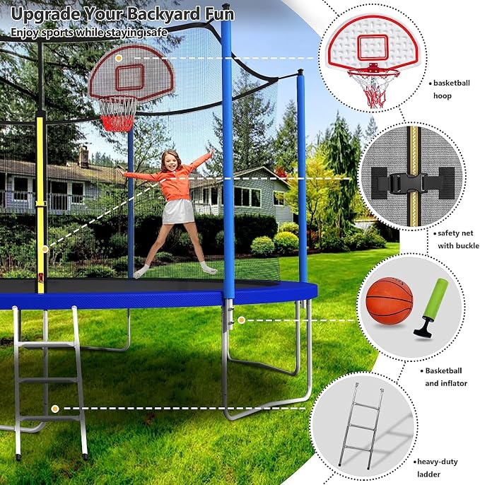 Lyromix Upgraded 16FT 15FT 14FT 12FT 10FT 8FT Trampoline Outdoor with Basketball Hoop and Net, Capacity for 4-6 Kids and Adults