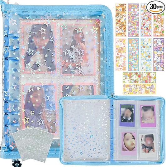 Kpop Photocard Binder with 6 Stickers Sheet & 50 Shinning Protective Sleeves Kpop Photocard Holder Book with Kpop Photocard, A5 Binder Photocard Album 30 Inner Pages with 240 Pockets (Skyblue)