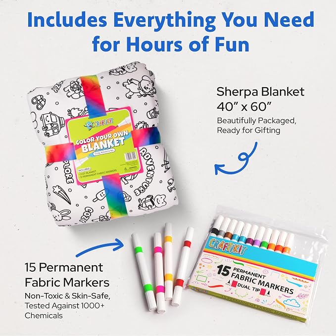 Craftikit Cozy Coloring Blanket for Kids & Adults -15 Markers | 40" x 60", Fabric Markers Included, Permanent Vibrant Sherpa Fleece Design, Ages 3+, Machine Washable, Gift Wrapped